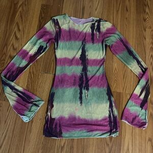 Sheer Mesh Tie-Dye Long Bell Sleeve Dress Size S‎ Festival Party Boho Hippie Y2k